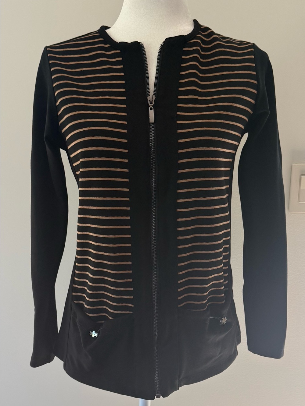 Orly Black and Tan Striped Full Zip Athleisure Jacket